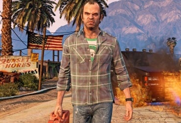 Trevor walking away from a burning car in Grand Theft Auto V, one of PlayStation's top-selling games of all time